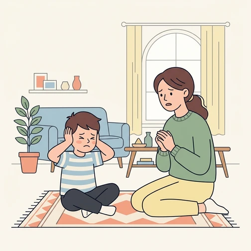 Parent sitting calmly near a child during an overwhelming moment